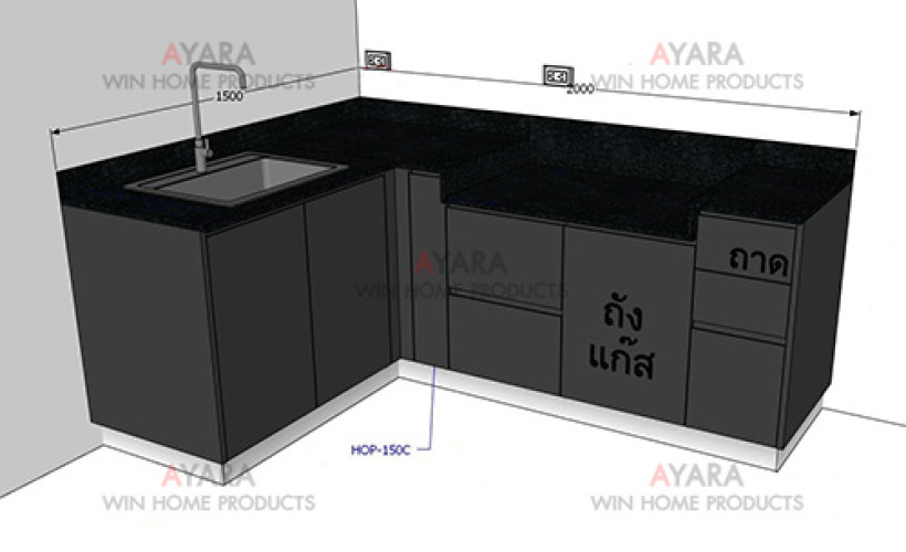 ชุดครัว Built-in โครงซีเมนต์บอร์ด หน้าบาน Melamine สีเทาเข้ม 6