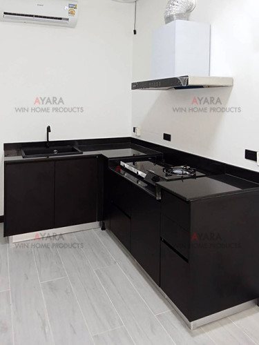 ชุดครัว Built-in โครงซีเมนต์บอร์ด หน้าบาน Melamine สีเทาเข้ม