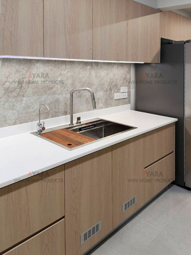 ชุดครัว Built-in โครงซีเมนต์บอร์ด หน้าบาน Melamine สีลายไม้ 2