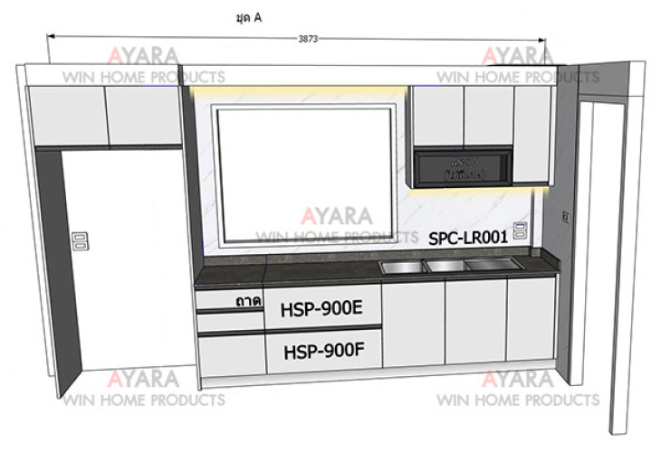 ชุดครัว Built-in โครงซีเมนต์บอร์ด หน้าบาน Melamine สีเทาอ่อน 3