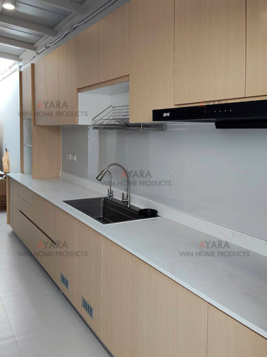ชุดครัว Built-in โครงซีเมนต์บอร์ด หน้าบาน Melamine สี TNK 5001-12 ลายไม้
