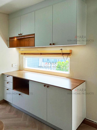 ชุด Pantry Built-in โครงซีเมนต์บอร์ด Melamine สี White Oak + Capuccino 2
