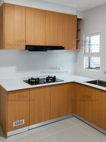 ชุดครัว Built-in โครงซีเมนต์บอร์ด หน้าบาน Melamine สีลายไม้ - ม.Grande Pleno 2