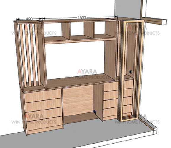 ชุดตู้ตี่จู่เอี๊ยะ Built-in โครงและหน้าบาน HMR เคลือบ Melamine สี Brown Oak ลายไม้ 4