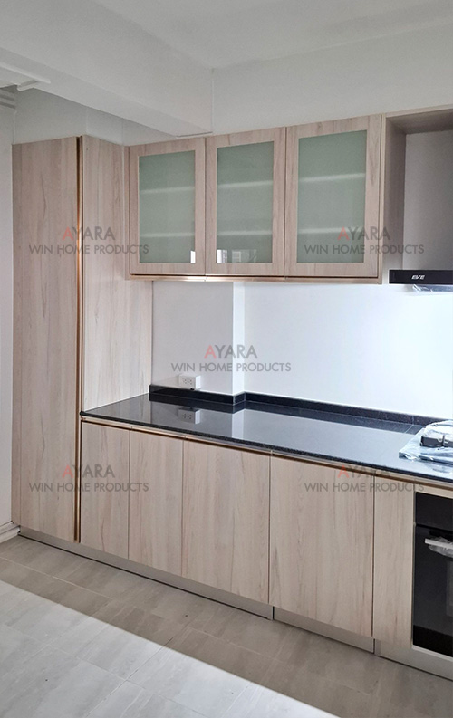 ชุดครัว Built-in โครงซีเมนต์บอร์ด หน้าบาน Laminate สี Kitami Ruster ลายไม้ 5