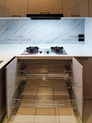 ชุดครัว Built-in โครงซีเมนต์บอร์ด หน้าบาน Hi Gloss สีน้ำตาลอ่อนเงา - ม.Bangkok Boulevard 3