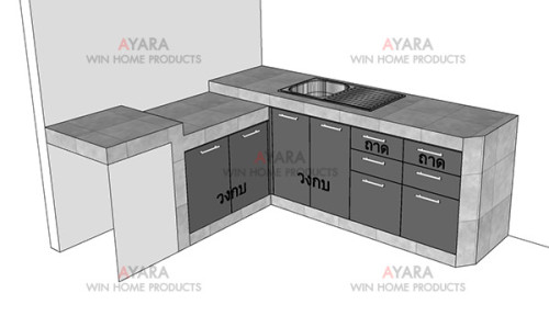 ชุดครัว Built-in ตู้ลิ้นชัก โครงซีเมนต์บอร์ด หน้าบาน Acrylic สีดำเงา 3