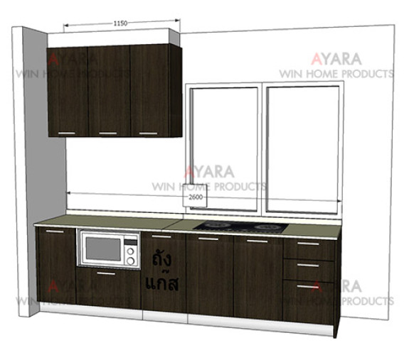 ชุดครัว Built-in ตู้ล่าง โครงซีเมนต์บอร์ด หน้าบาน Melamine สีโอ๊คดำ 6