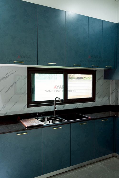 ชุดครัว Built-in โครงซีเมนต์บอร์ด หน้าบาน Melamine สีฟ้า 3