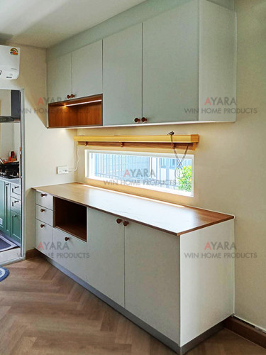 ชุด Pantry Built-in โครงซีเมนต์บอร์ด Melamine สี White Oak + Capuccino