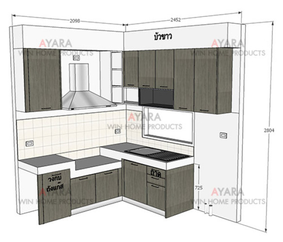 ชุดครัว Built-in ตู้ล่าง โครงซีเมนต์บอร์ด หน้าบาน Laminate สี Delano Oak - ม.มัณฑนา 6