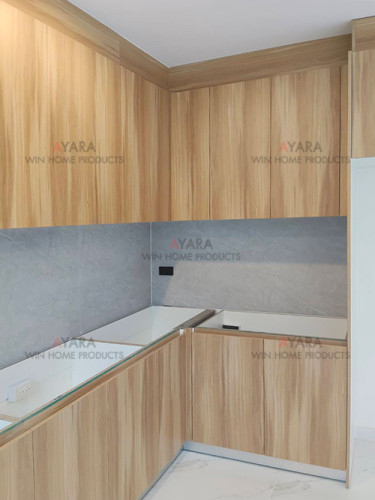 ชุดครัว Built-in โครงซีเมนต์บอร์ด หน้าบาน Laminate สีลายไม้ - ม.Patio 2