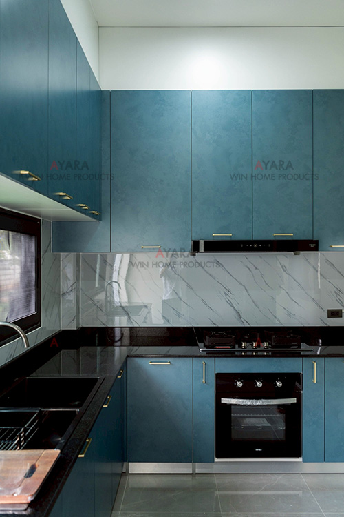 ชุดครัว Built-in โครงซีเมนต์บอร์ด หน้าบาน Melamine สีฟ้า 2