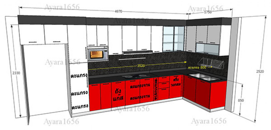 ชุดครัว Built-in ตู้ล่าง โครงซีเมนต์บอร์ด หน้าบาน Hi Gloss สีแดง 4