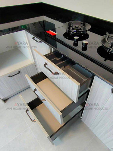 ชุดครัว Built-in โครงซีเมนต์บอร์ด หน้าบาน Melamine สี Grey Teak - ม.Inizio 7