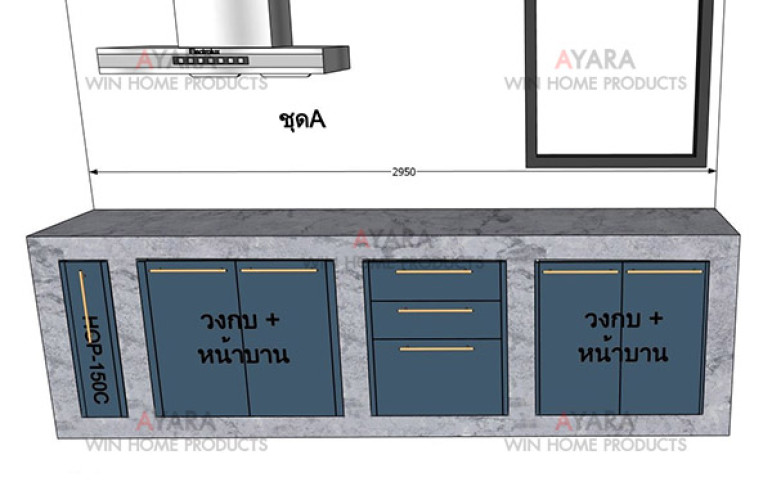 ชุดครัว Built-in โครงซีเมนต์บอร์ด หน้าบาน Melamine สีฟ้า 3