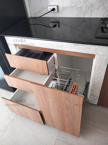 ชุดครัว Built-in โครงซีเมนต์บอร์ด หน้าบาน Laminate สี Coffee Oak 2