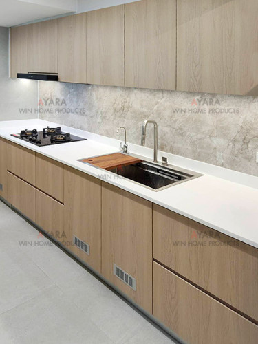 ชุดครัว Built-in โครงซีเมนต์บอร์ด หน้าบาน Melamine สีลายไม้ 1