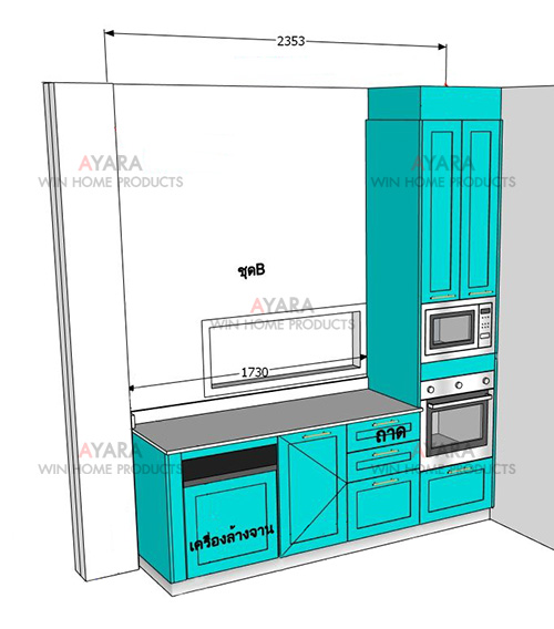 ชุดครัว Built-in โครงซีเมนต์บอร์ด หน้าบาน Hi Gloss สีครามฟ้าอ่อน ยกขอบ - ม.Bangkok Boulevard 4
