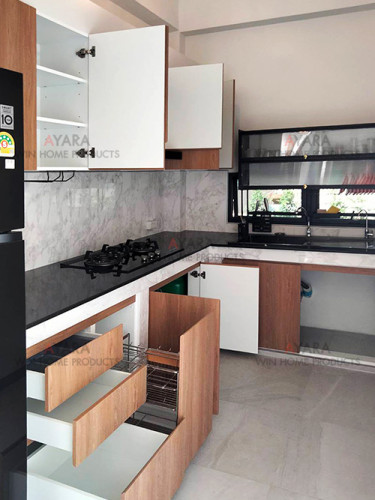 ชุดครัว Built-in โครงซีเมนต์บอร์ด หน้าบาน Laminate สี Coffee Oak 1