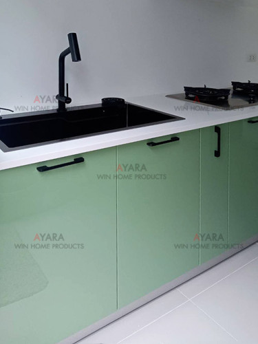 ชุดครัว Built-in โครงซีเมนต์บอร์ด หน้าบาน Hi Gloss สีเขียวเงา - ม.Villaggio 1