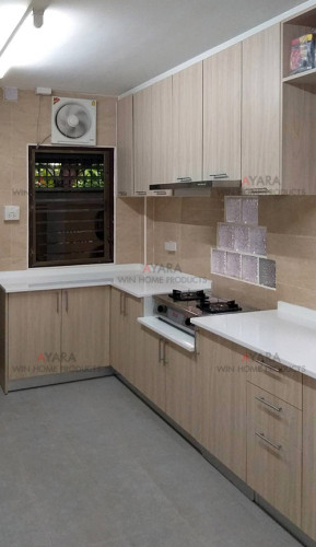 ชุดครัว Built-in ตู้ล่าง โครงซีเมนต์บอร์ด หน้าบาน Laminate สี Alabaster Oak