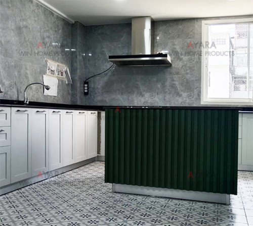 ชุดครัว Built-in โครงซีเมนต์บอร์ด หน้าบาน Laminate สีเทา + เขียว