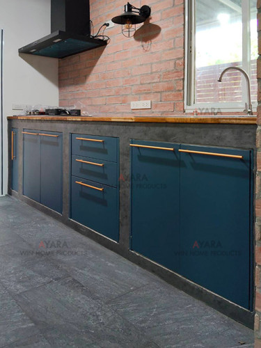 ชุดครัว Built-in โครงซีเมนต์บอร์ด หน้าบาน Melamine สีฟ้า