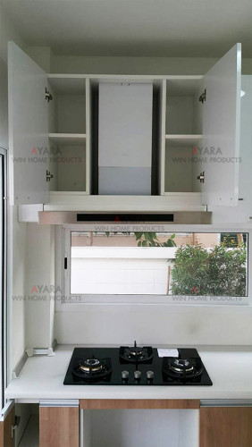 ชุดครัว Built-in ตู้ล่าง โครงซีเมนต์บอร์ด หน้าบาน Melamine สี Capu + PVC สีขาวเงา 4
