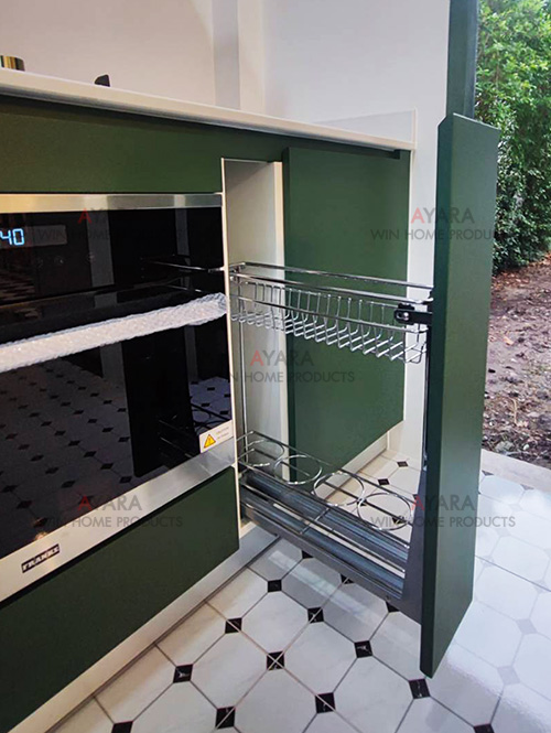 ชุดครัว Built-in ตู้ล่าง โครงซีเมนต์บอร์ด หน้าบาน HMR พ่นสีเขียวด้าน 7