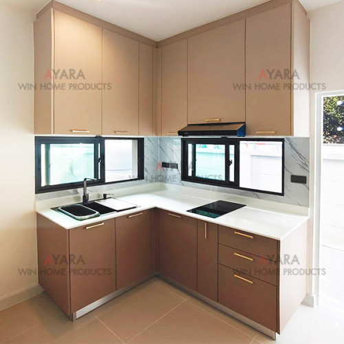 ชุดครัว Built-in โครงซีเมนต์บอร์ด หน้าบาน Melamine สีครีมเข้ม + ครีมอ่อน - ม.Bangkok Boulevard
