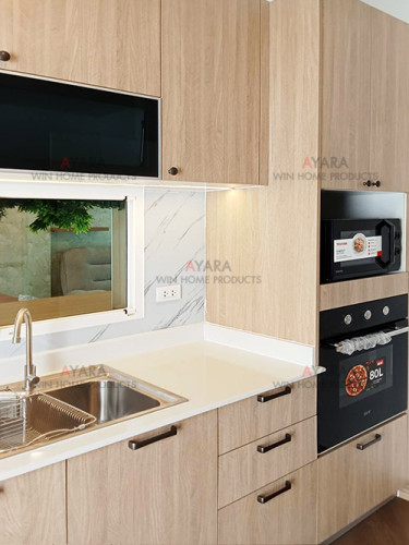 ชุดครัว Built-in โครงซีเมนต์บอร์ด หน้าบาน Melamine 5061-11 สีลายก้างปลา 2