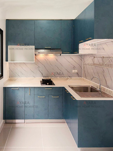 ชุดครัว Built-in โครงซีเมนต์บอร์ด หน้าบาน Melamine สีน้ำเงินด้าน - ม.Pleno Town