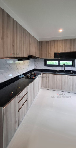 ชุดครัว Built-in โครงซีเมนต์บอร์ด หน้าบาน Melamine 5015-15 สีลายไม้ - ม.ศุภาลัย วิลล์ 1