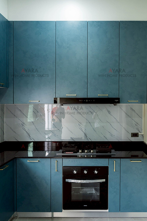 ชุดครัว Built-in โครงซีเมนต์บอร์ด หน้าบาน Melamine สีฟ้า 4