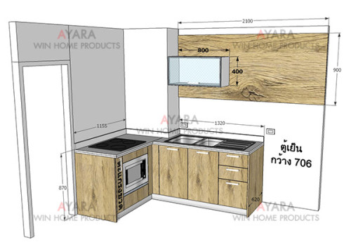 ชุดครัว Built-in ตู้ล่าง โครงซีเมนต์บอร์ด หน้าบาน Melamine สี Loft Graceful Oak ลายไม้ 6