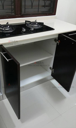 ชุดครัว Built-in ตู้ล่าง โครงซีเมนต์บอร์ด หน้าบาน Melamine สีโอ๊คดำ 3