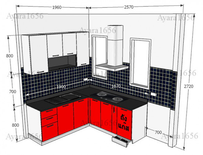 ชุดครัว Built-in ตู้ล่าง โครงซีเมนต์บอร์ด หน้าบาน Hi Gloss สีแดง + ขาว 2