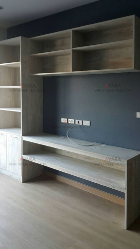 ตู้ TV + ตู้หนังสือ + โต๊ะ + ตู้บน Built-in โครงปาติเกิล หน้าบาน Melamine สี Tunder Forest/Loft G