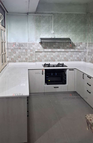 ชุดครัว Built-in โครงซีเมนต์บอร์ด หน้าบาน Melamine สี 5067-11 ลายก้างปลา