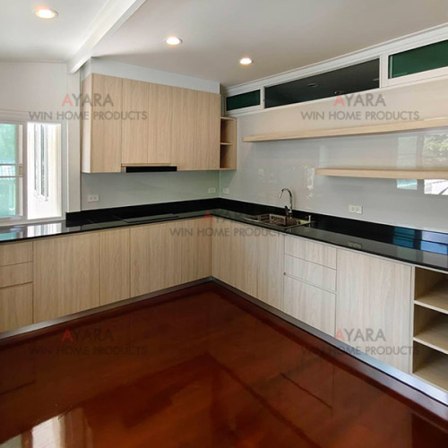 ชุดครัว Built-in โครงซีเมนต์บอร์ด หน้าบาน Melamine 5028-17 สีลายไม้