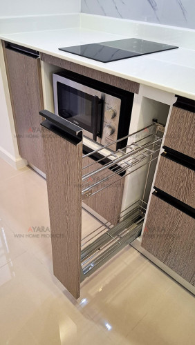 ชุดครัว Built-in โครงซีเมนต์บอร์ด หน้าบาน Melamine สี Textural Siamea ลายไม้ 5