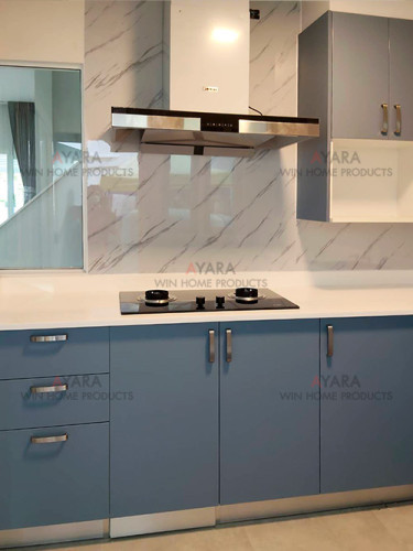 ชุดครัว Built-in โครงซีเมนต์บอร์ด หน้าบาน Melamine สีฟ้า - ม.Inizio 3