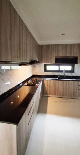 ชุดครัว Built-in โครงซีเมนต์บอร์ด หน้าบาน Melamine 5015-15 สีลายไม้ - ม.ศุภาลัย วิลล์