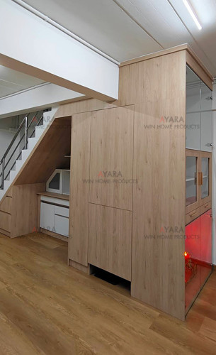 ตู้เก็บของ Built-in โครง HMR กันชื้น เคลือบ Melamine สี TNK 5019-17 ลายไม้ + TNK 5033-12 ขาวลายไม้ 2