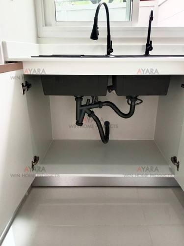 ชุดครัว Built-in โครงซีเมนต์บอร์ด หน้าบาน Laminate สีเทาเข้มเงา + ขาวเงา 4