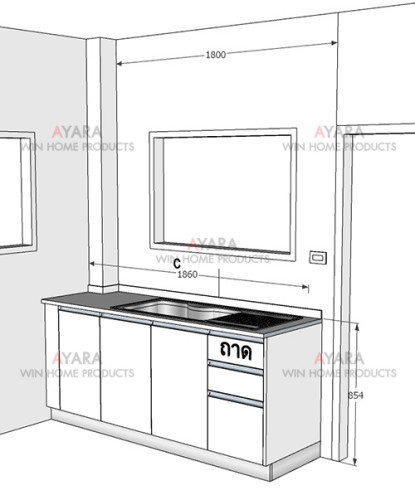 ชุดครัว Built-in ตู้ล่าง โครงซีเมนต์บอร์ด หน้าบาน Laminate สีดำด้าน + Hi Gloss สีขาว 9