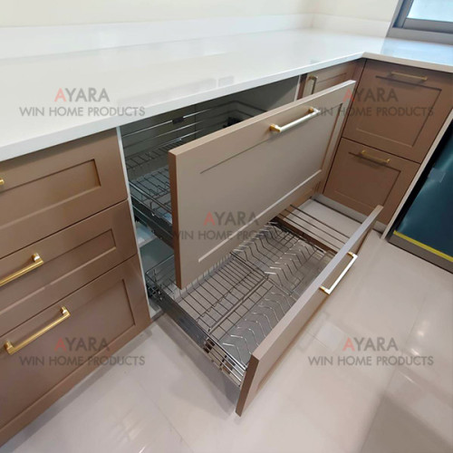 ชุดครัว Built-in ตู้ล่าง โครงซีเมนต์บอร์ด หน้าบาน Plaswood พ่นสีน้ำตาลอ่อนด้าน ยกขอบ 5