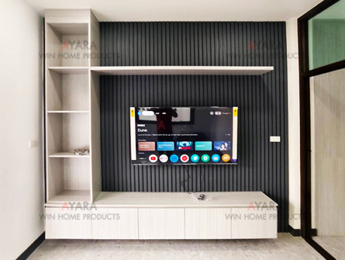 ตู้ TV Built-in โครงปาติเกิล กันชื้น เคลือบ Melamine สี Grey Teak + เทาเข้ม