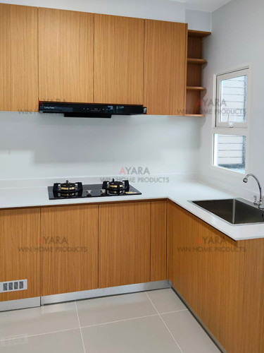 ชุดครัว Built-in โครงซีเมนต์บอร์ด หน้าบาน Melamine สีลายไม้ - ม.Grande Pleno 1